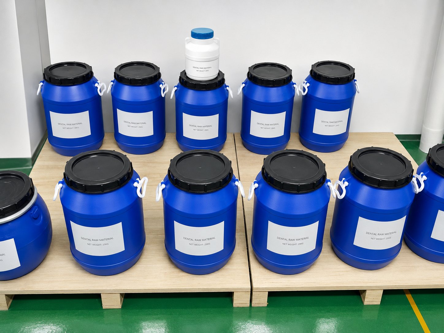 Bulk dental materials drums prepared for local packaging